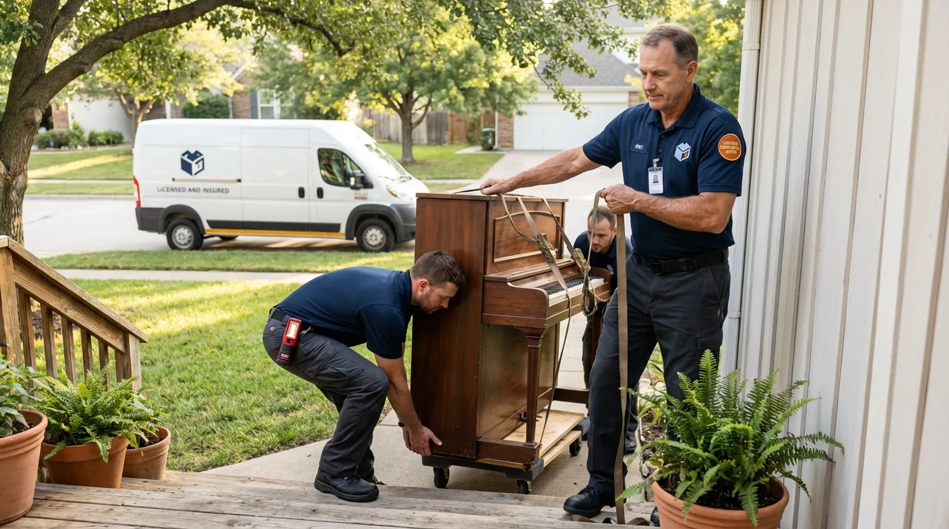 Licensed piano movers securing grand piano in Cordova, AL