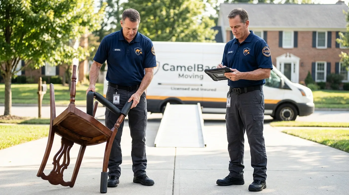 Movers inspecting furniture for damage prevention before loading in Cordova, AL